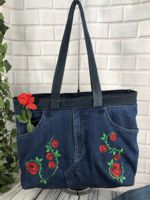 Tote bag made out of a pair of old jeans.