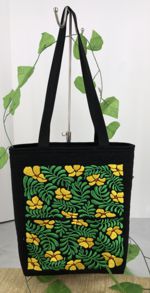 Black tote bag with flower embroidery on the front panel