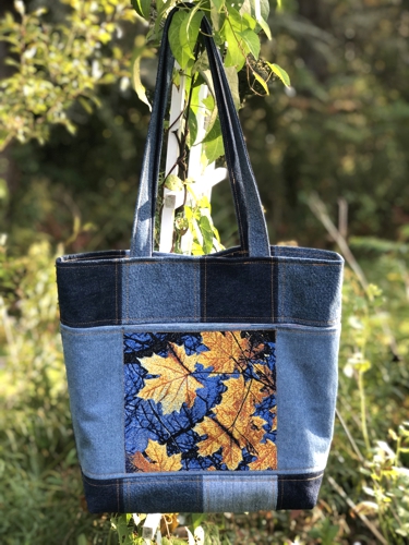 Upcycled Denim beach tote bag with mayan textiles