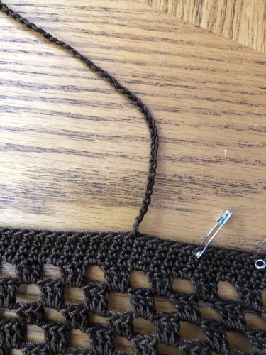 Attach yarn to the first marker on the front panel, chain 120