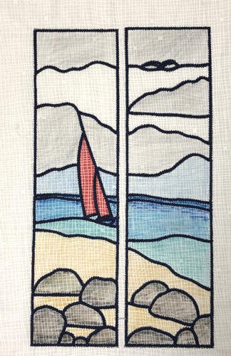 The one-color embroidery is being colored, finished results.