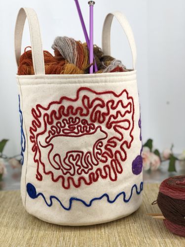 Finished round basket with embroidery of cat silhouettes tangled in yarn